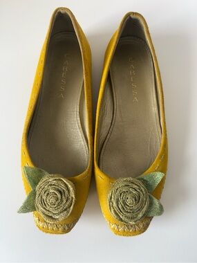 Caressa Yellow Suede Ballet Flats with Green Fabric Flower Accent - Size 8